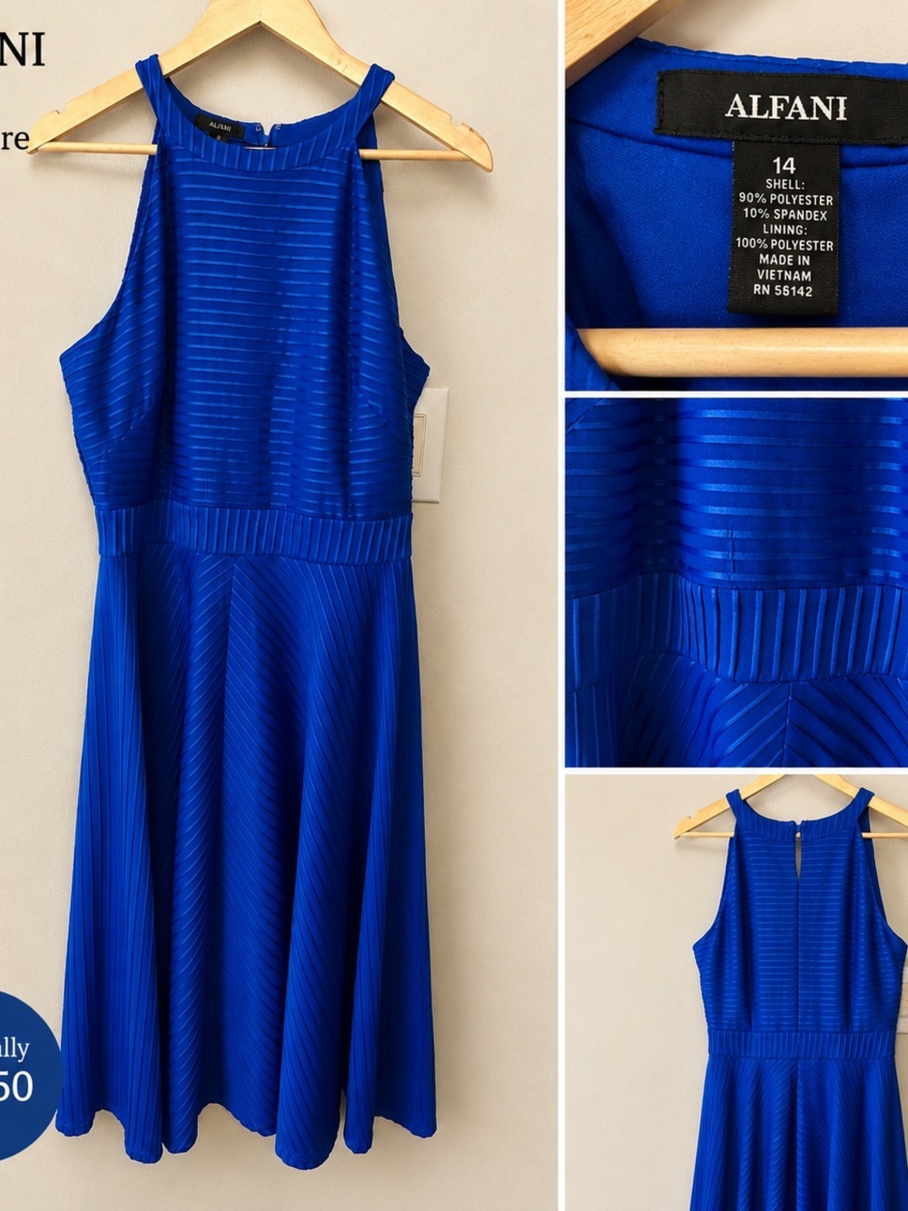 Alfani Cobalt Blue Striped Midi Fit-and-Flare Dress Size 14